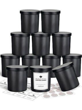 Matte Black Glass Candle Jars with Lid - 10oz, 12pcs for DIY Candle Making